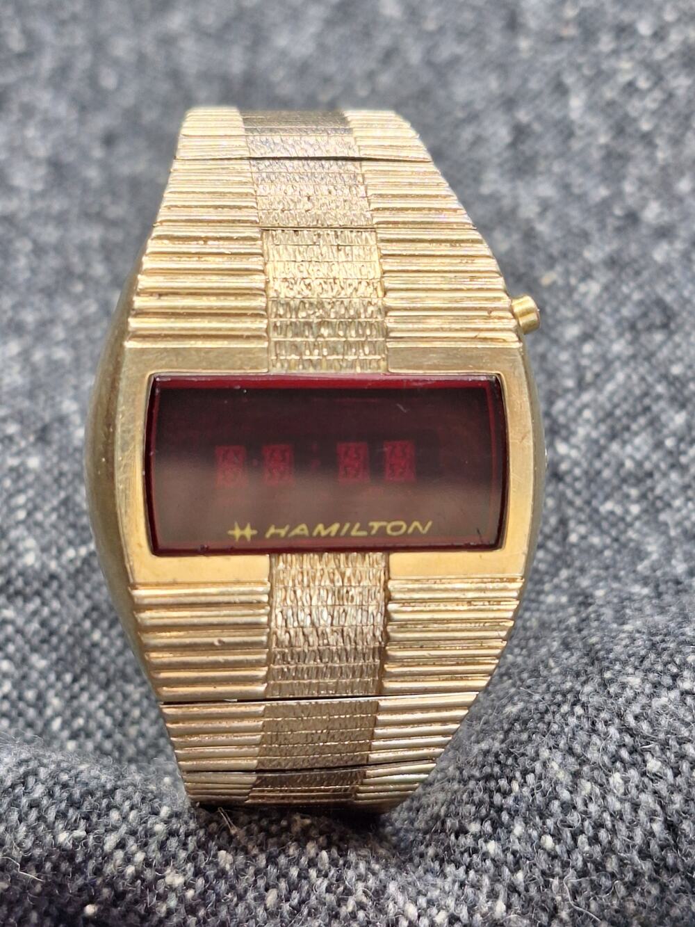 Hamilton QED LED Digital Watch 993276 Working 865 10K Gold Overlay Bark Bracelet